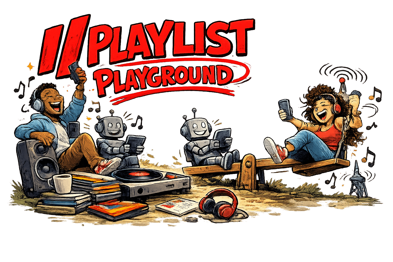 Playlist Playground — a playful watercolor illustration of kids on a playground